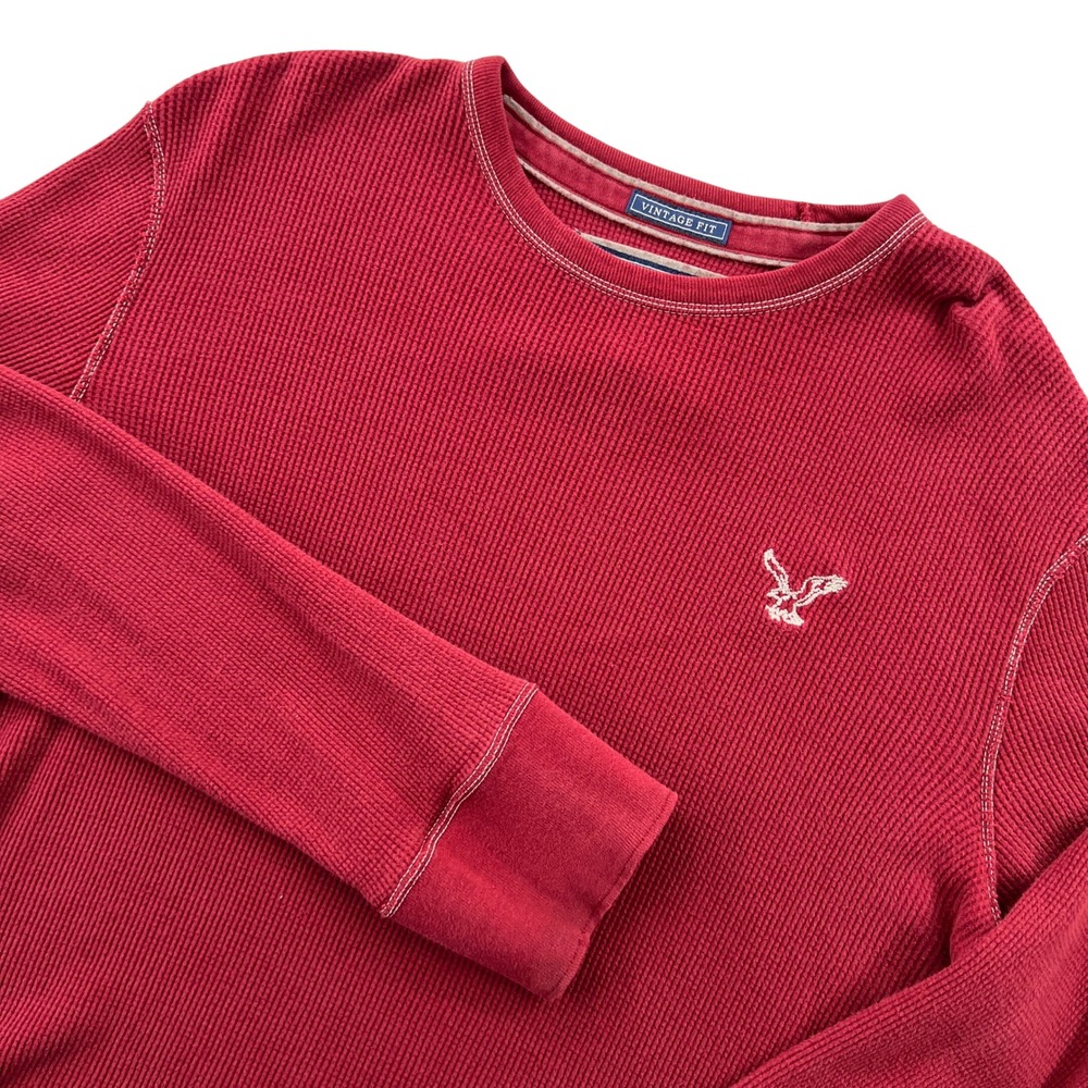 Y2K American Eagle Thermal Shirt Mens L Red Waffle Knit Vintage Fit Long Sleeve